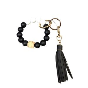 2/$15 Black White Beaded Keychain Bracelet with Tassel Stretch Wristlet Key Ring